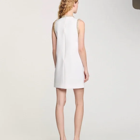 Sandro White Sleeveless Short Dress with Gold Rhinestone Trim - Picture 4 of 4